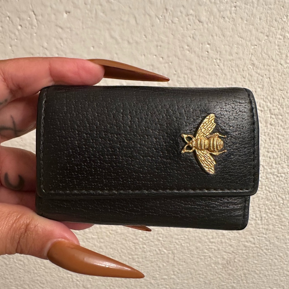 Black Leather Compact Wallet with Gold Bee Accent